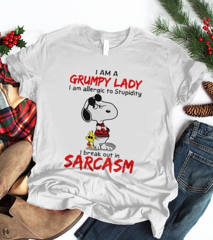 Snoopy Grumpy Lady Allergic To Stupidity Break Out In Sarcasm T-Shirt