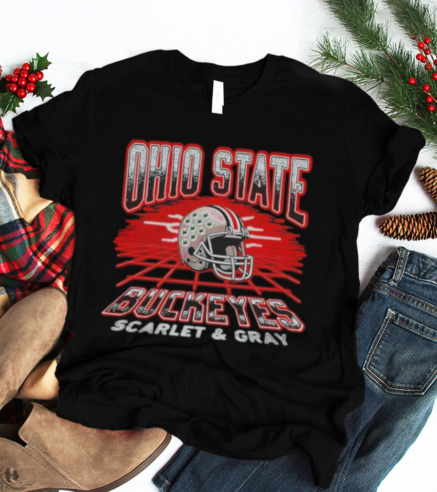 Ohio State Buckeyes Scarlet Gray Retro Neon Grid Football Helmet T-Shirt