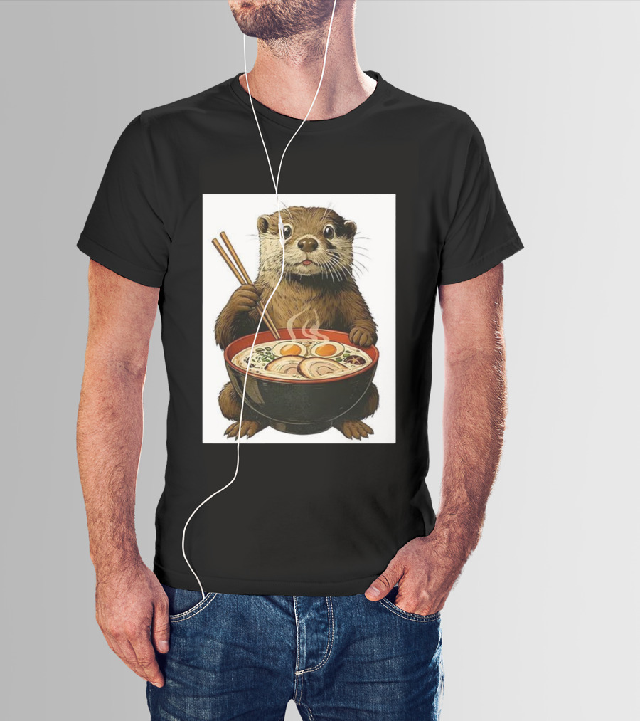 Cute Otter Enjoying Steaming Ramen With Chopsticks Illustration T-Shirt