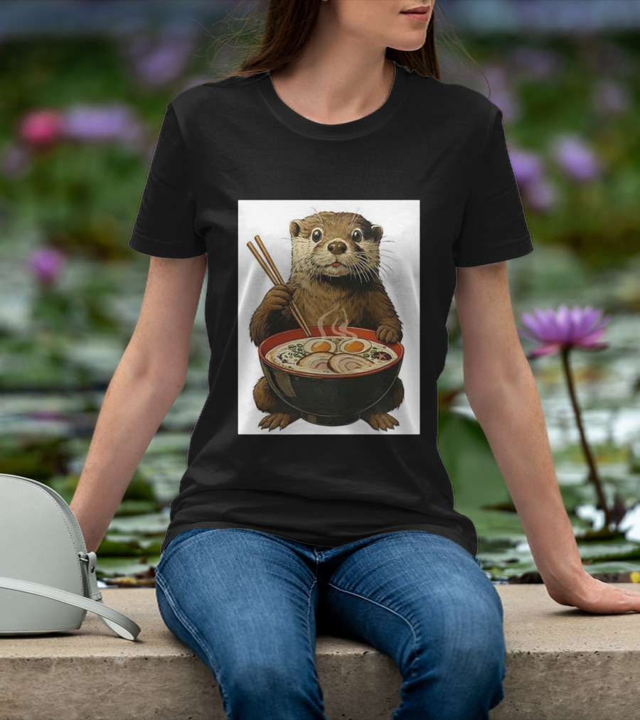 Cute Otter Enjoying Steaming Ramen With Chopsticks Illustration T-Shirt