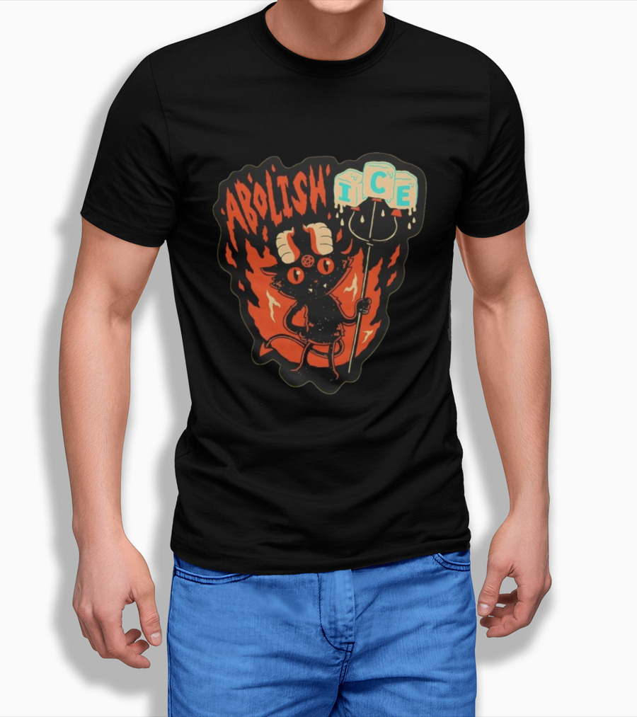 Abolish ICE Devilish Pitchfork Fire Demon Cartoon Horns T-Shirt