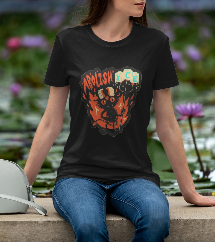 Abolish ICE Devilish Pitchfork Fire Demon Cartoon Horns T-Shirt