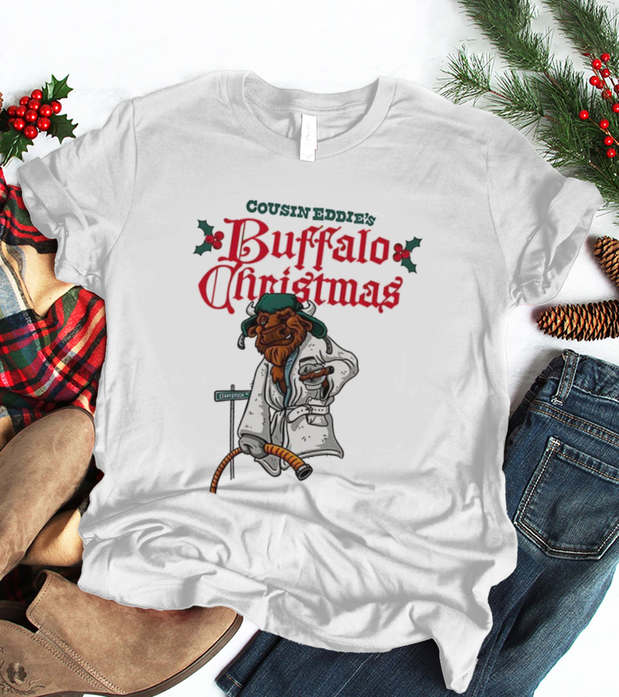 Cousin Eddie Buffalo Christmas Holiday Street Sign Robe Cigar Illustration T-Shirt