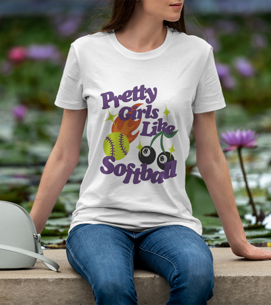 Pretty Girls Like Softball Flaming Ball And Billiard Cherry T-Shirt