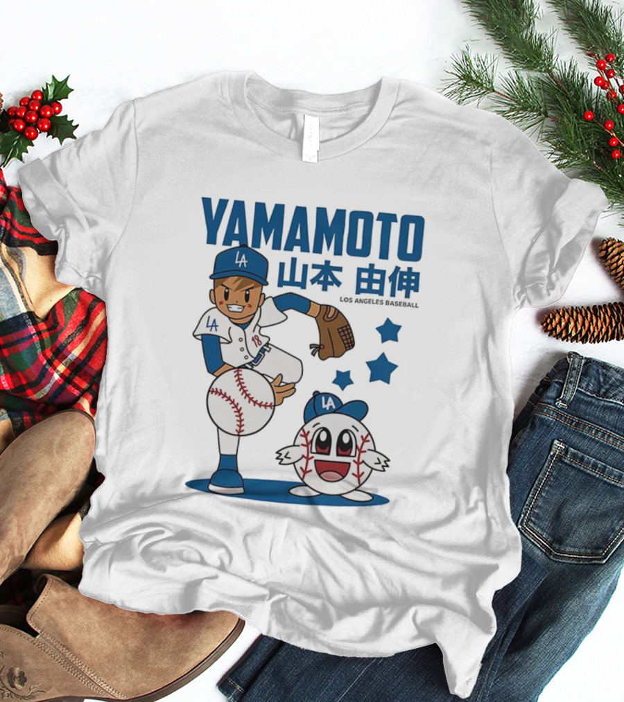 Yamamoto Los Angeles Dodgers Cartoon With Baseball Character And Stars T-Shirt