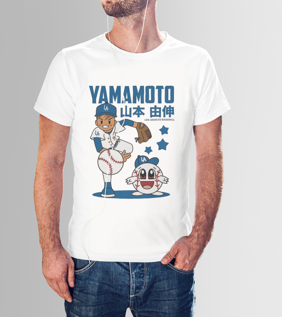 Yamamoto Los Angeles Dodgers Cartoon With Baseball Character And Stars T-Shirt