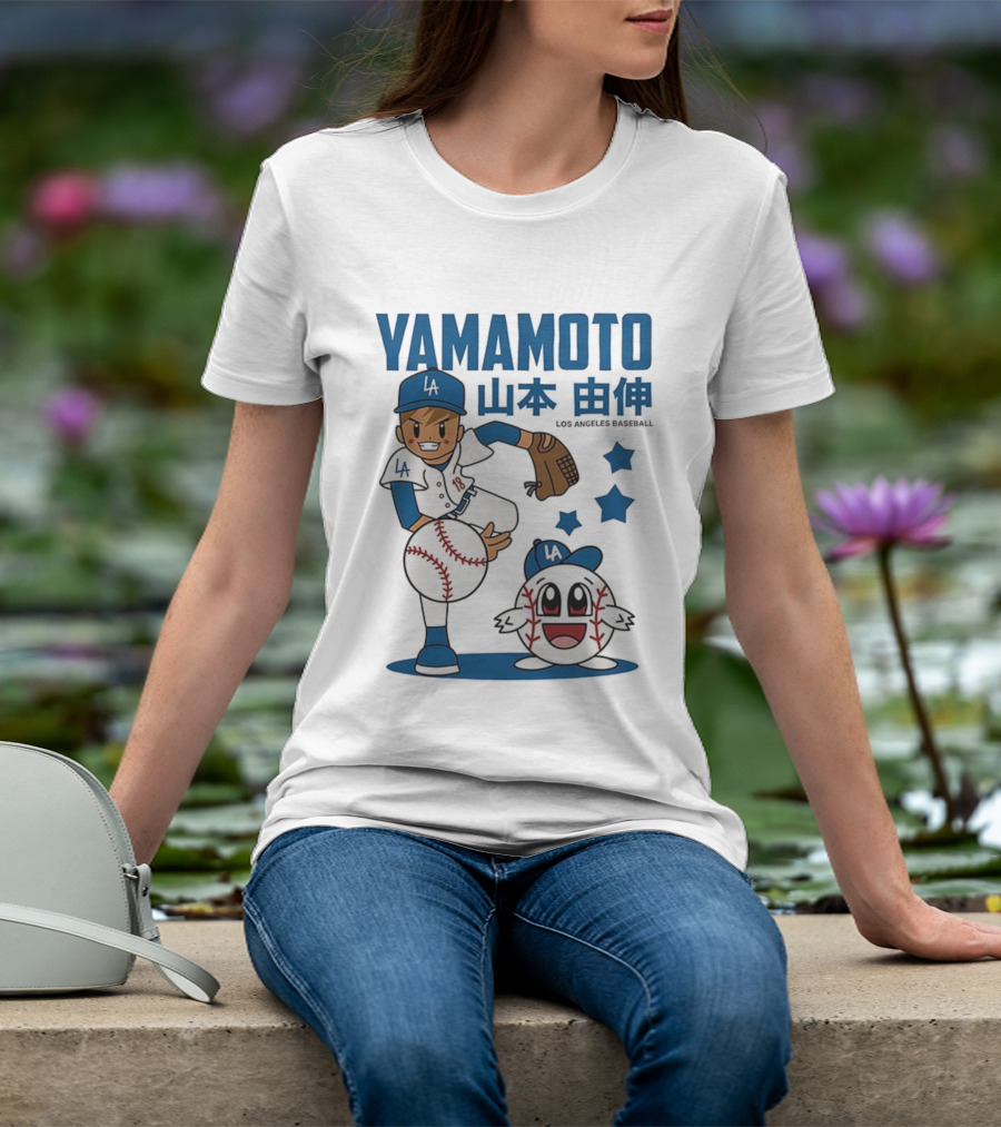 Yamamoto Los Angeles Dodgers Cartoon With Baseball Character And Stars T-Shirt