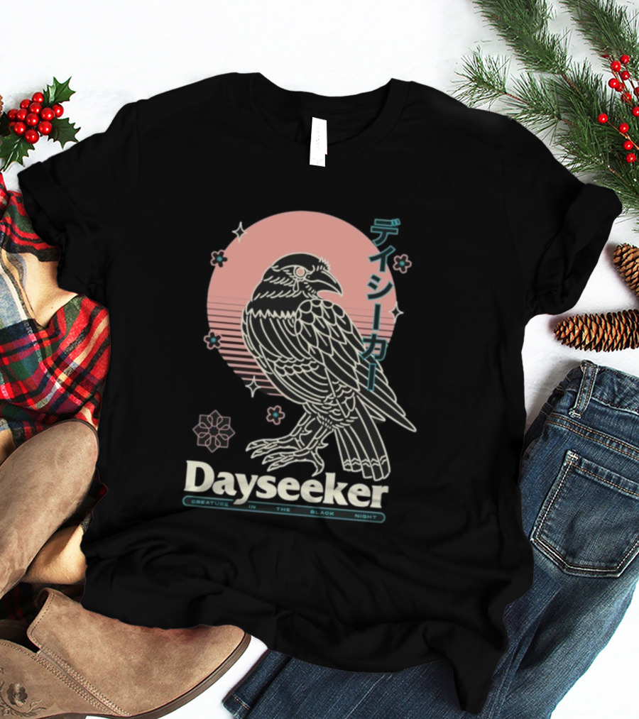 Dayseeker Creature In The Black Night Raven With Japanese Text And Sakura Motif T-Shirt