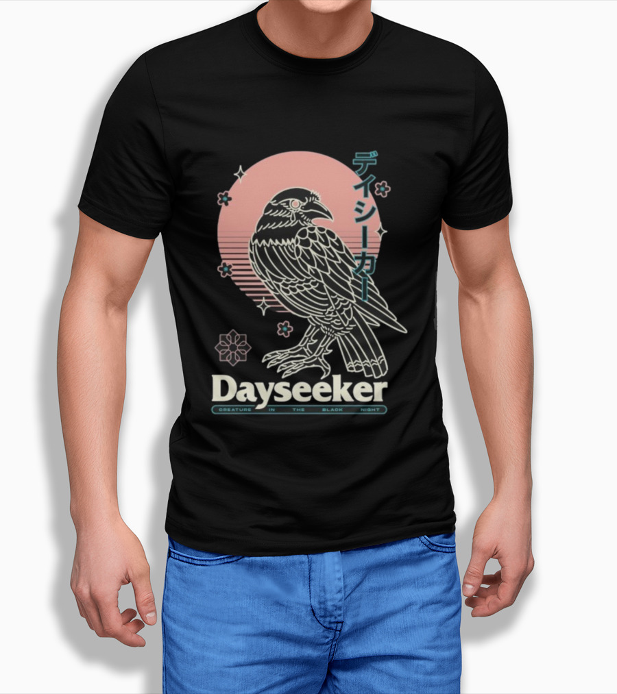 Dayseeker Creature In The Black Night Raven With Japanese Text And Sakura Motif T-Shirt
