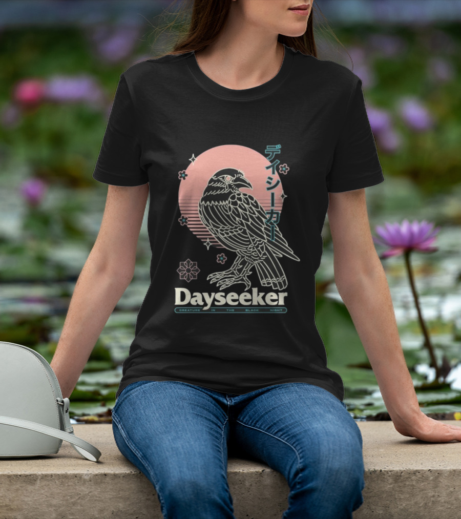 Dayseeker Creature In The Black Night Raven With Japanese Text And Sakura Motif T-Shirt