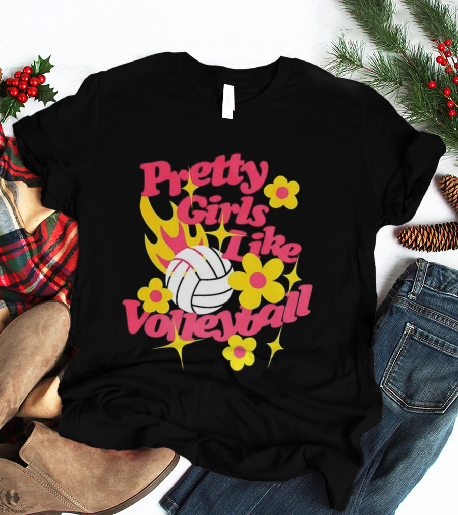 Pretty Girls Like Volleyball Flowers Yellow Pink Volleyball Floral Design T-Shirt
