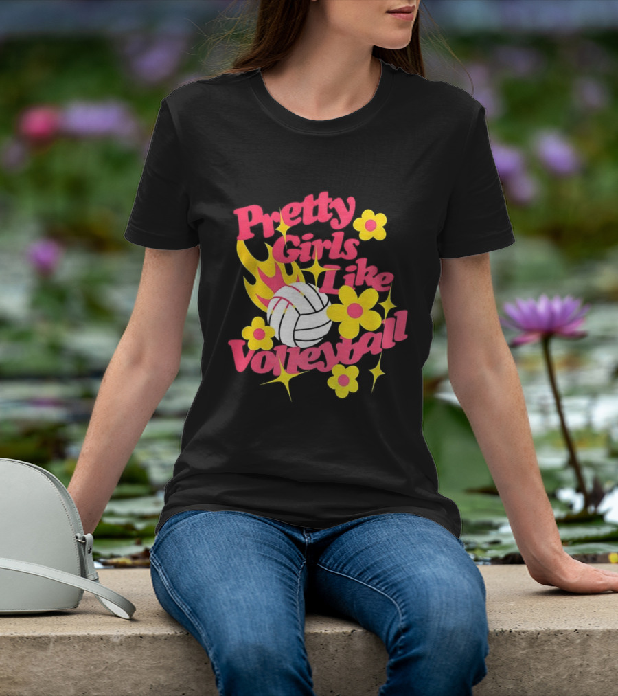 Pretty Girls Like Volleyball Flowers Yellow Pink Volleyball Floral Design T-Shirt