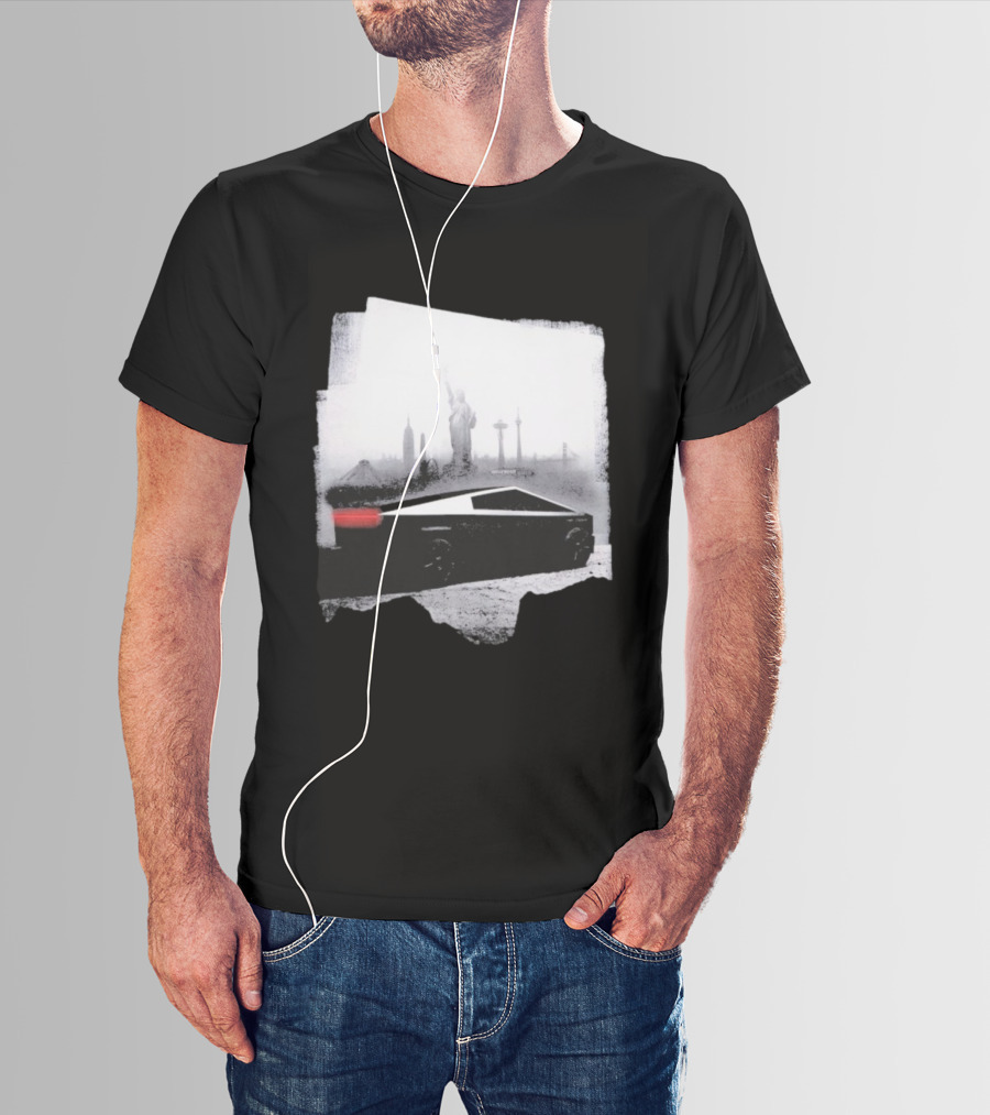 Tesla Cybertruck With Global Landmark Skyline T-Shirt