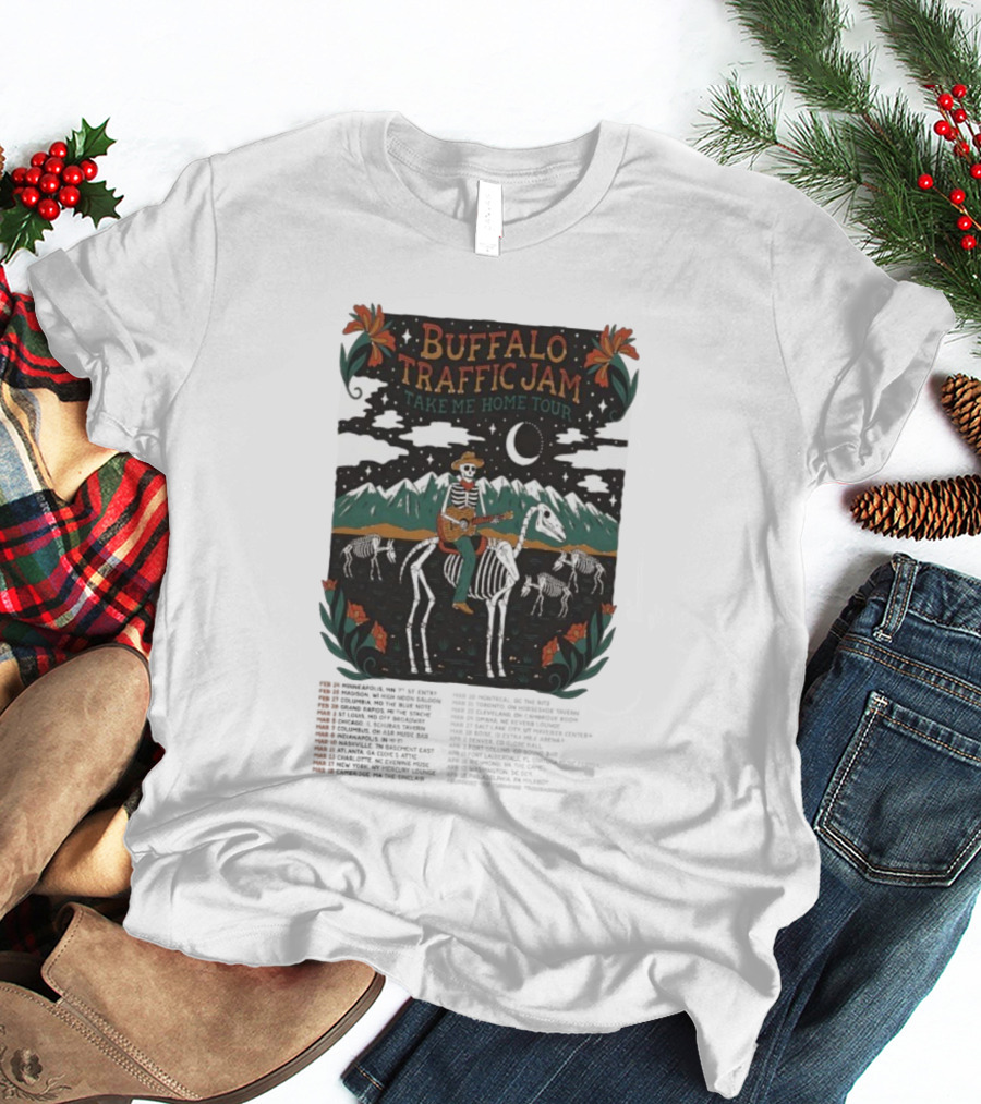 Buffalo Traffic Jam Take Me Home Tour 2026 Dates Skeleton Cowboy Riding Horse Moonlit Desert Scene T-Shirt