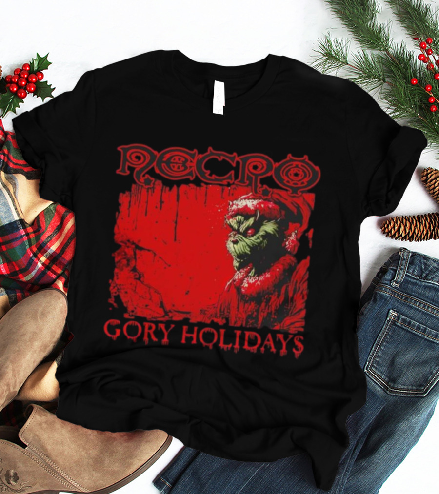 Necro Gory Holidays Grinch Santa Red Dripping Art T-Shirt