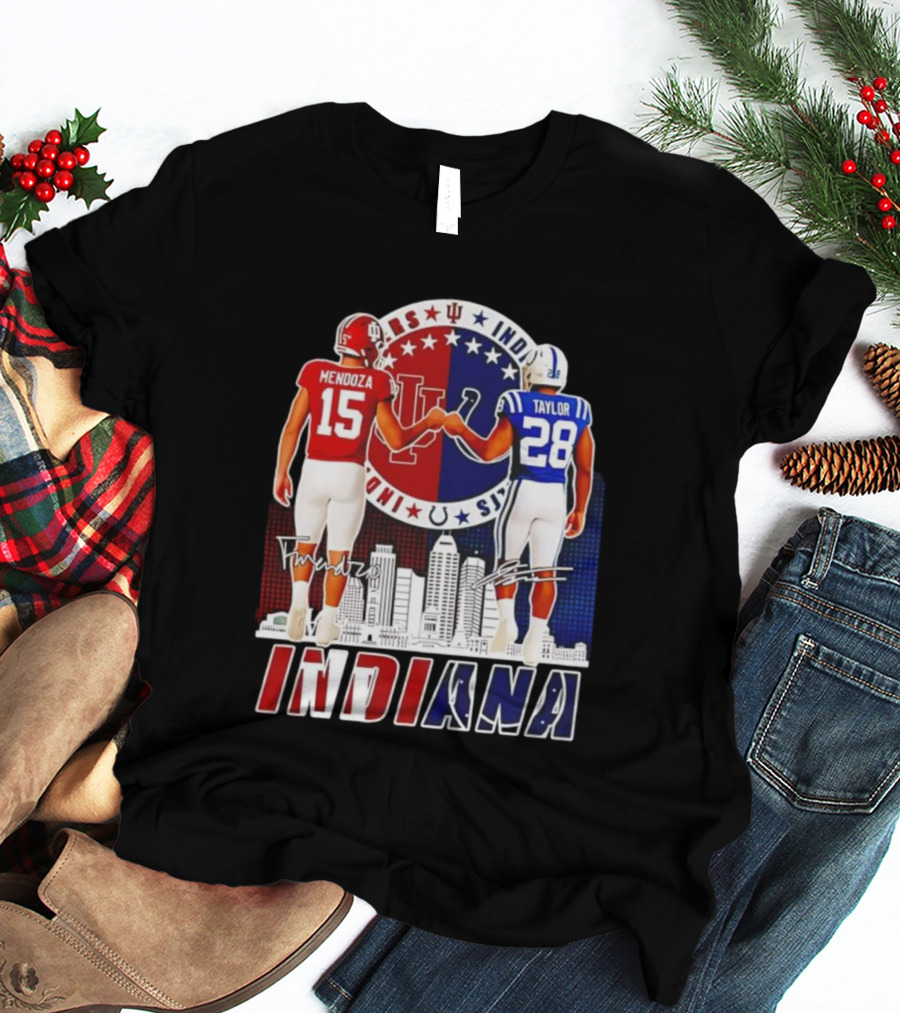 Indiana Hoosiers Mendoza 15 Indianapolis Colts Taylor 28 Signatures And City Skyline T-Shirt