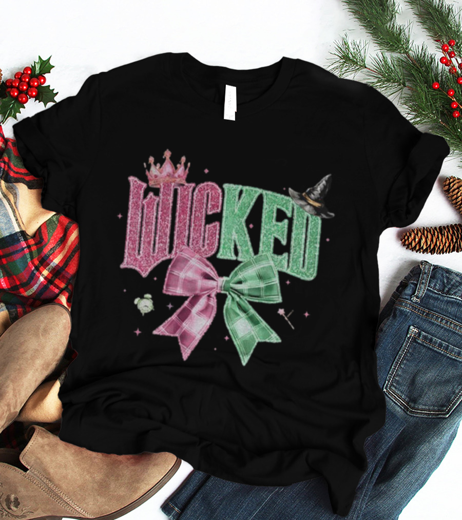 Wicked Musical Sparkle Pink Green Plaid Bow Witch Hat Princess Crown Halloween T-Shirt