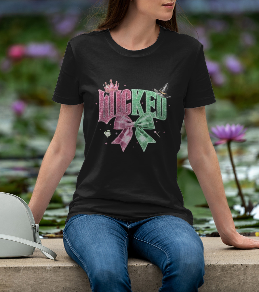 Wicked Musical Sparkle Pink Green Plaid Bow Witch Hat Princess Crown Halloween T-Shirt