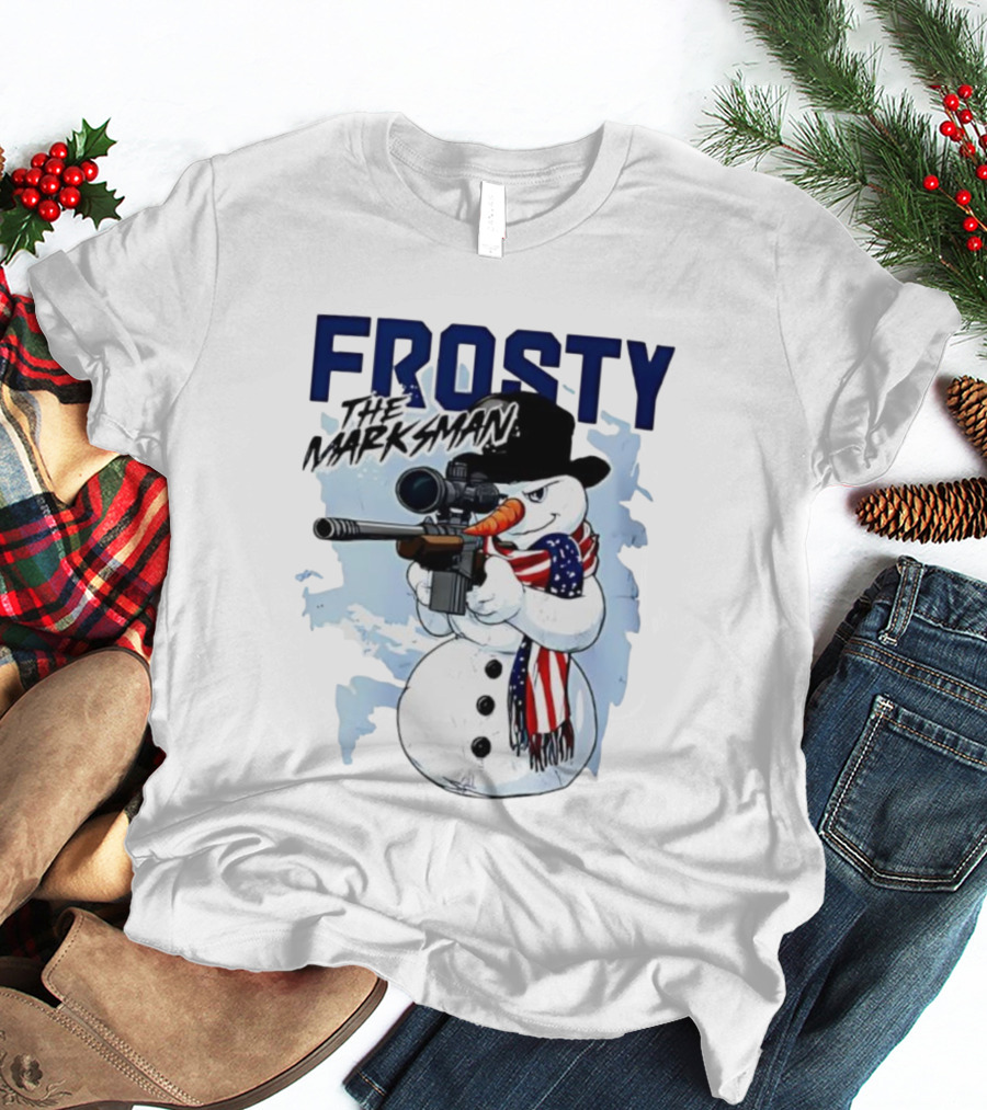 Frosty The Marksman Snowman USA Flag Scarf Sniper Hat T-Shirt