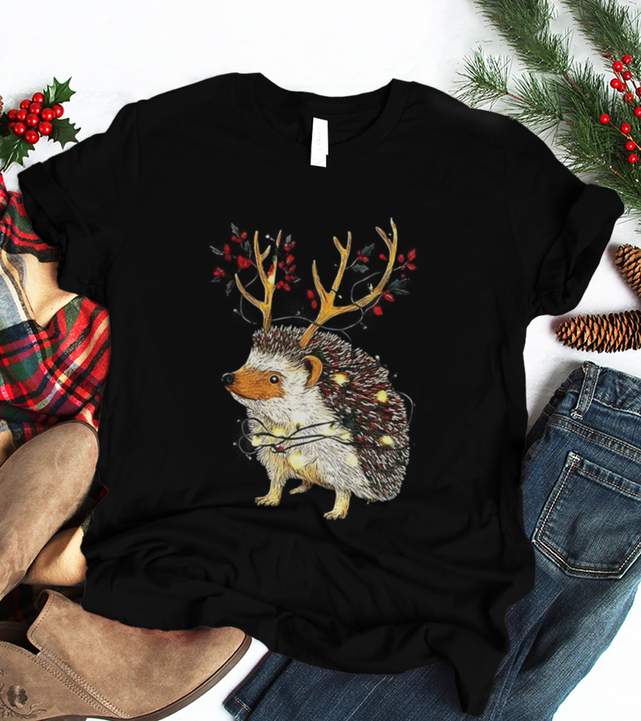 Hedgehog With Antlers Wearing String Of Lights Christmas Holiday Design T-Shirt