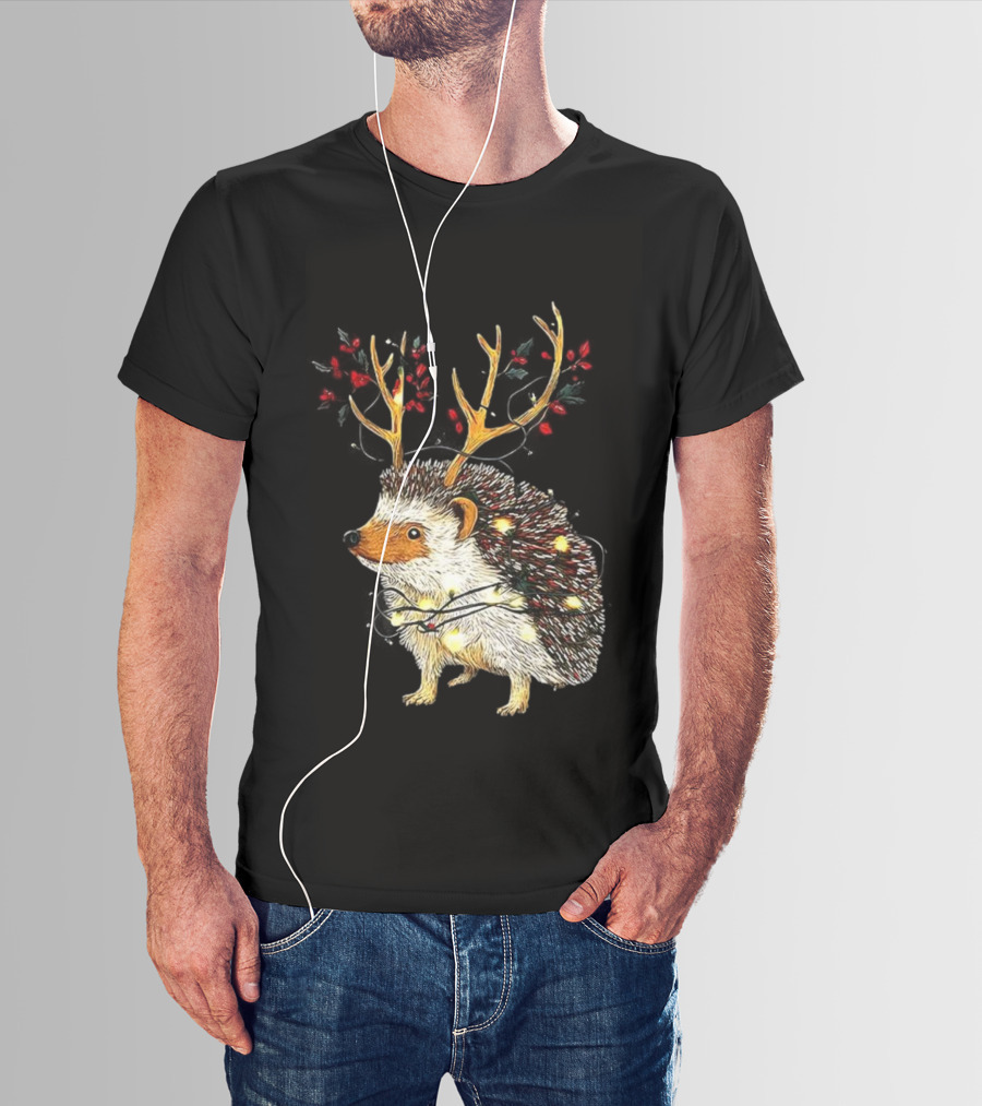 Hedgehog With Antlers Wearing String Of Lights Christmas Holiday Design T-Shirt