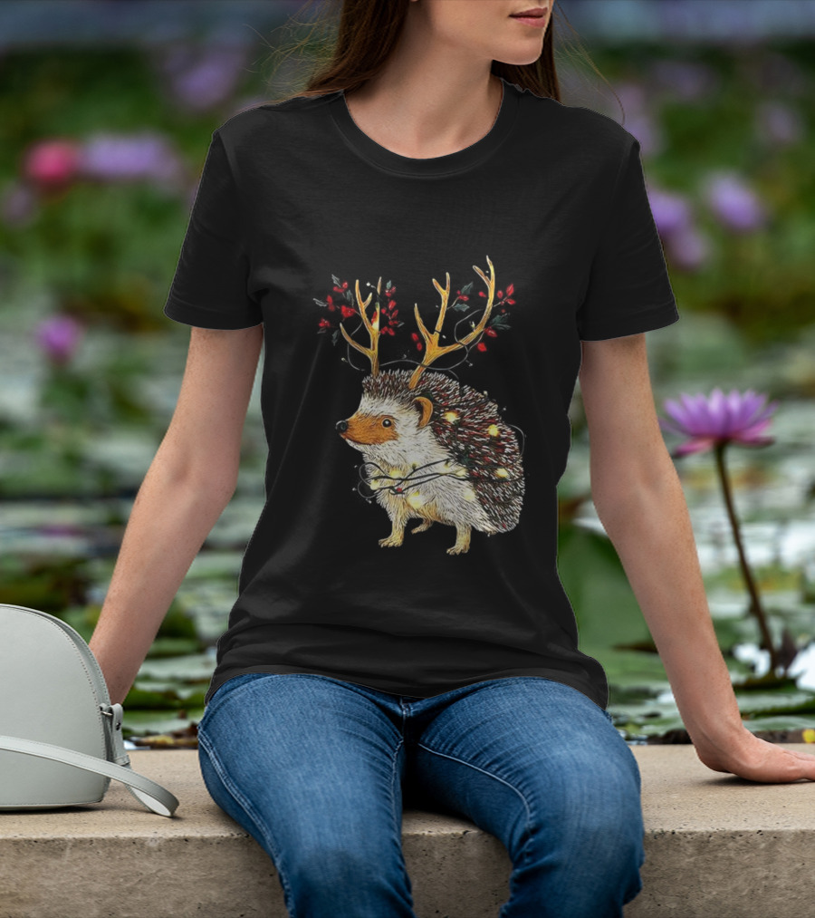 Hedgehog With Antlers Wearing String Of Lights Christmas Holiday Design T-Shirt