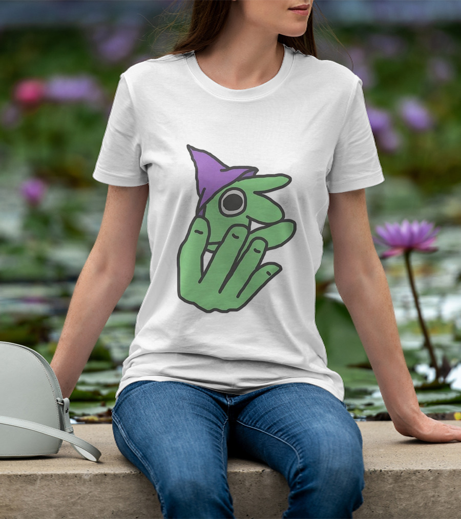 Glep Smiling Friends Character With Green Hand And Purple Hat T-Shirt