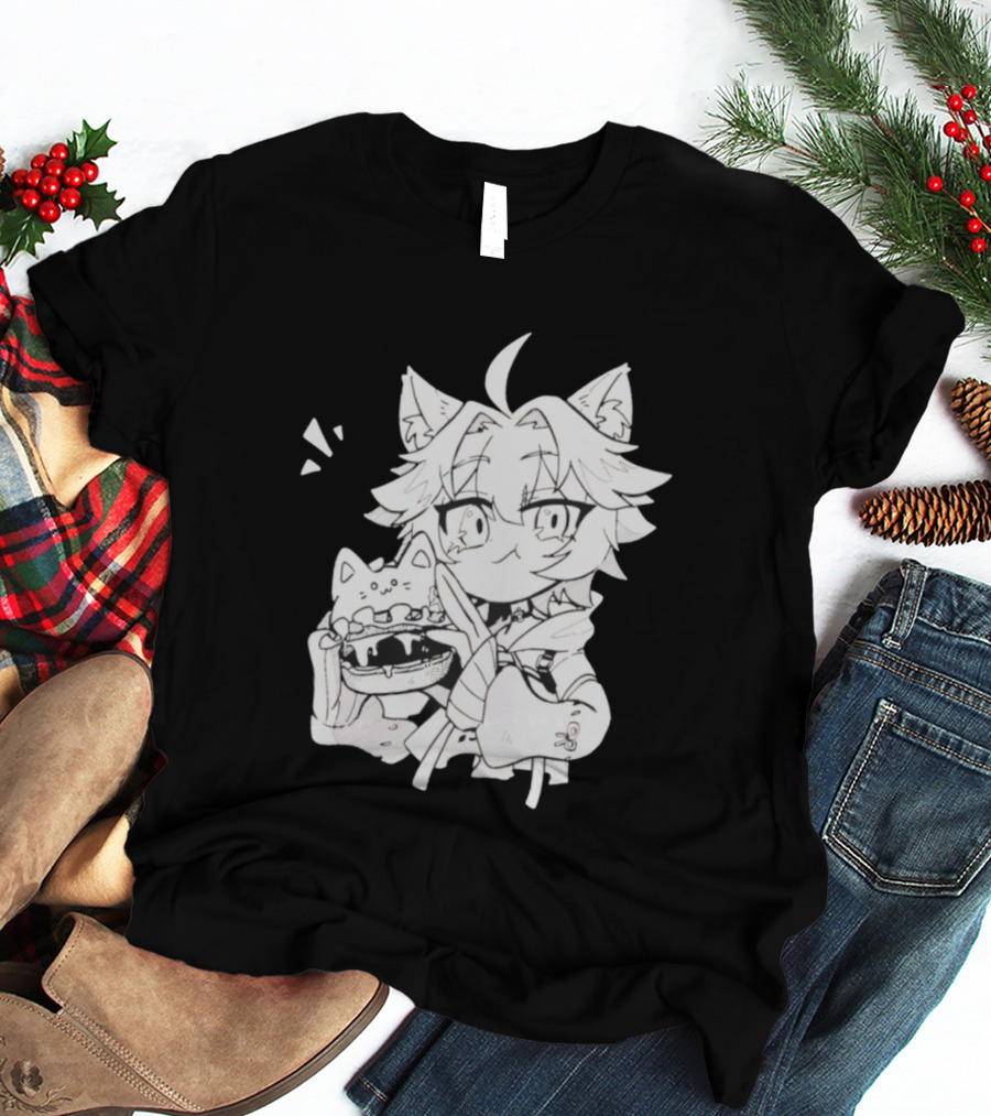 Genshin Impact Cat-Eared Character With Cat Burger Anime Illustration T-Shirt