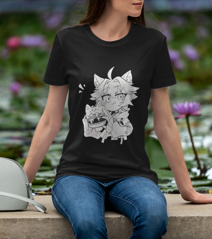 Genshin Impact Cat-Eared Character With Cat Burger Anime Illustration T-Shirt