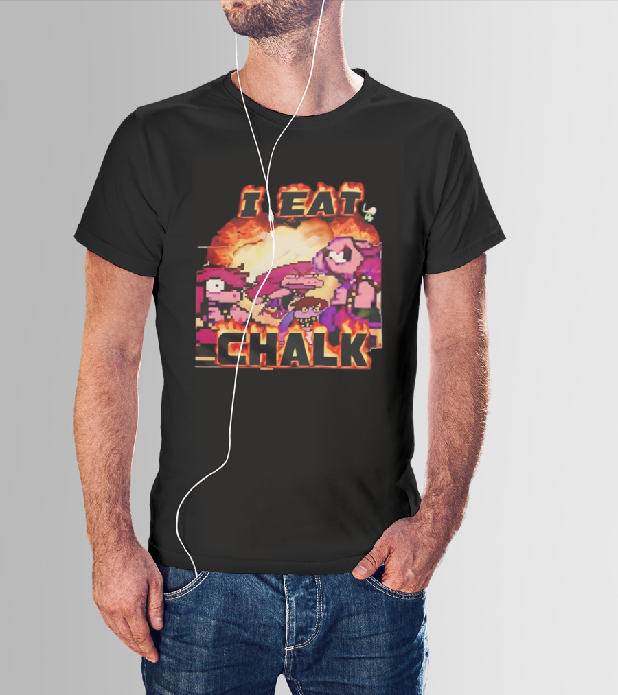 I Eat Chalk Pixel Characters Fire Background Design T-Shirt