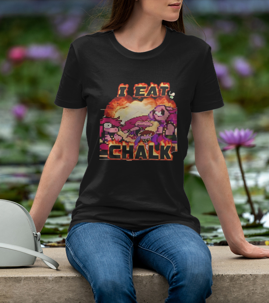 I Eat Chalk Pixel Characters Fire Background Design T-Shirt