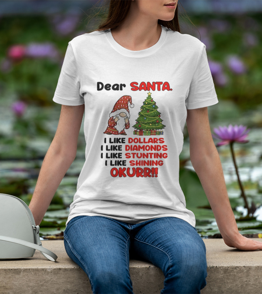 Dear Santa Gnome Xmas I Like Dollars Diamonds Stunting Shining Okurrr Merry Christmas T-Shirt