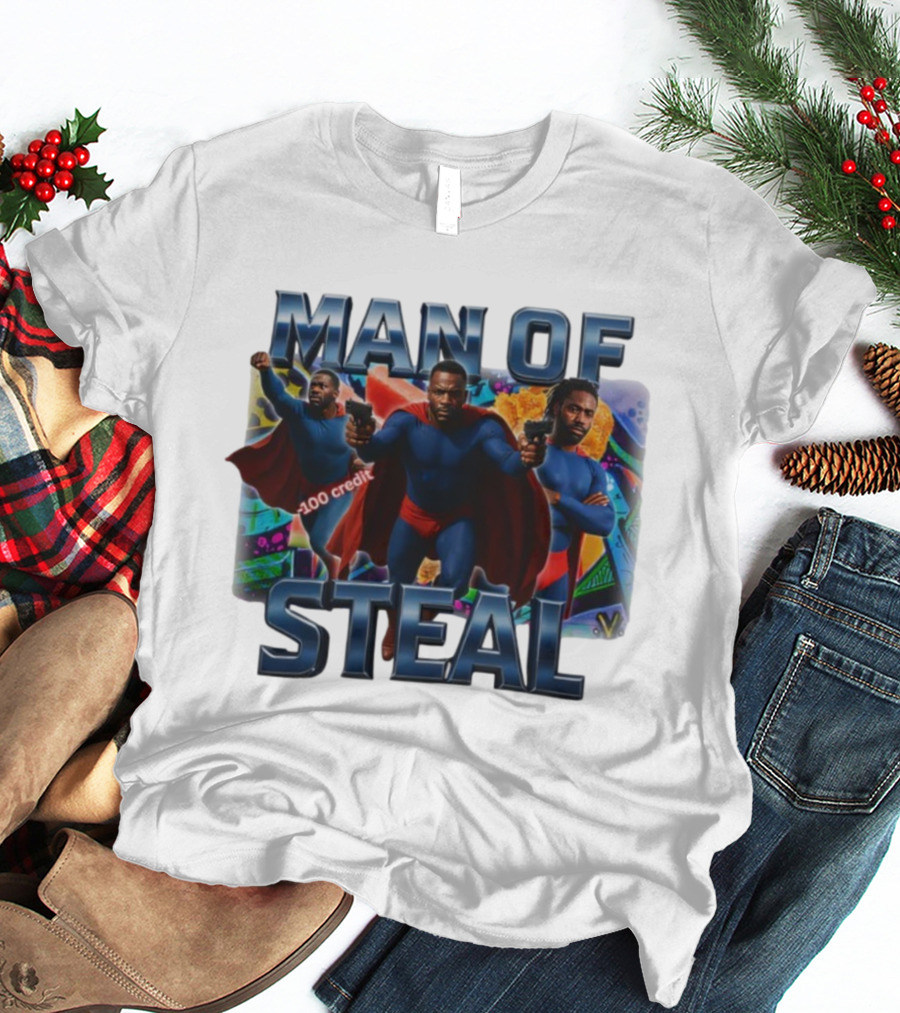 Man Of Steal Superhero Parody With 100 Credit Text T-Shirt