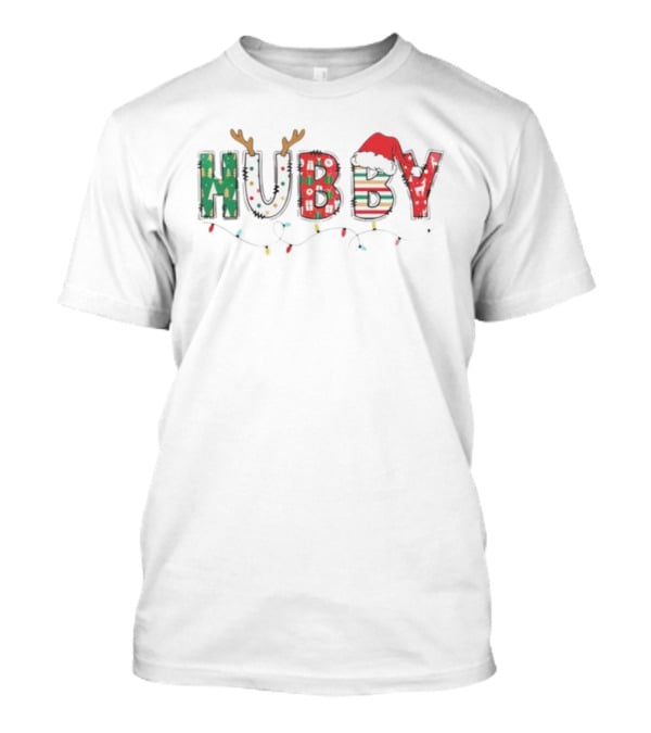 Hubby Christmas Antlers Santa Hat Lights Festive Design T-Shirt