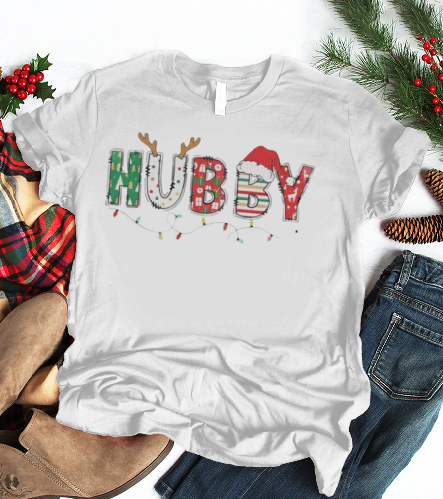 Hubby Christmas Antlers Santa Hat Lights Festive Design T-Shirt