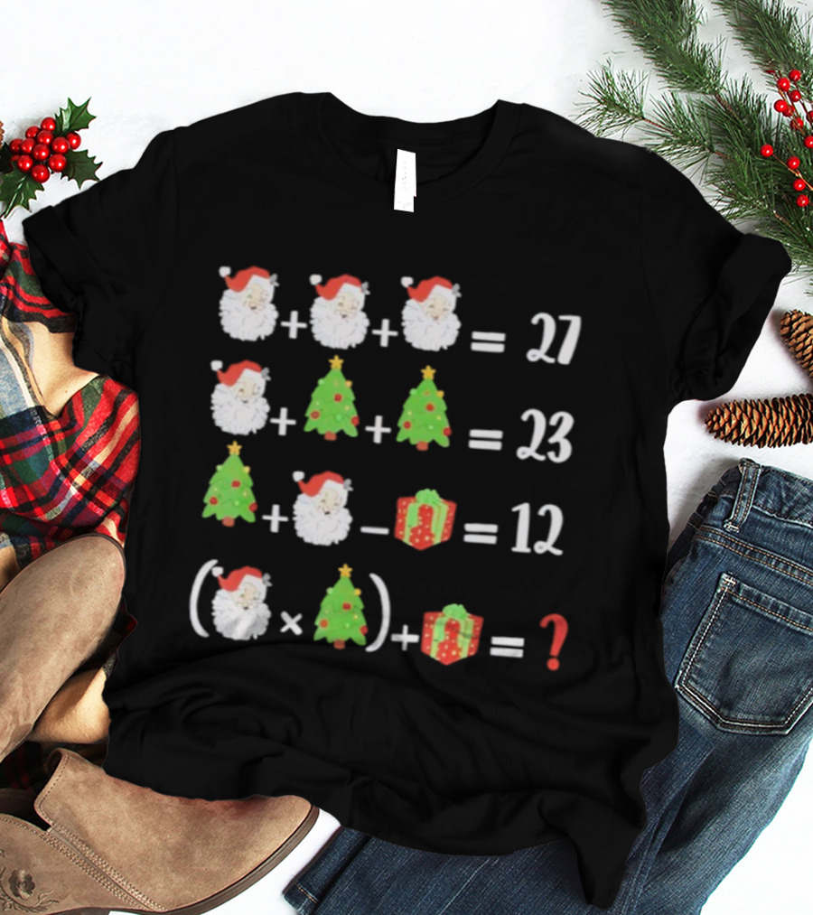 Santa Christmas Tree Gift Math Puzzle Equation 27 23 12 Question T-Shirt