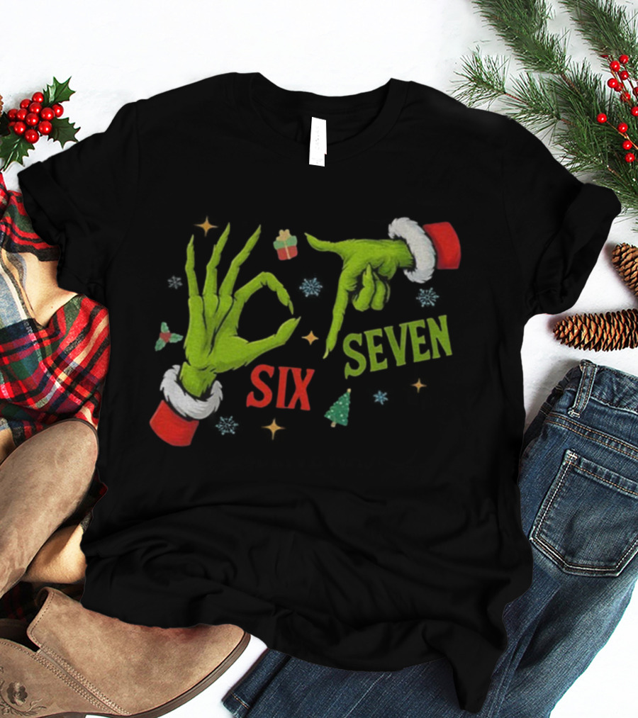 Grinch Hand Six Seven Merry Christmas Meme 67 Santa T-Shirt