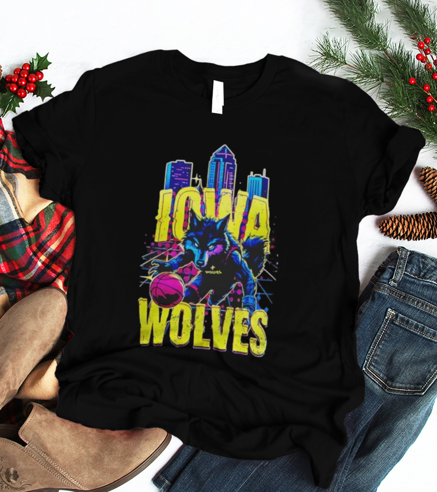 Iowa Wolves Neon Basketball Wolf Skyline T-Shirt