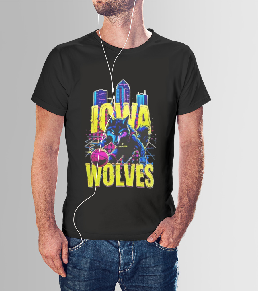 Iowa Wolves Neon Basketball Wolf Skyline T-Shirt