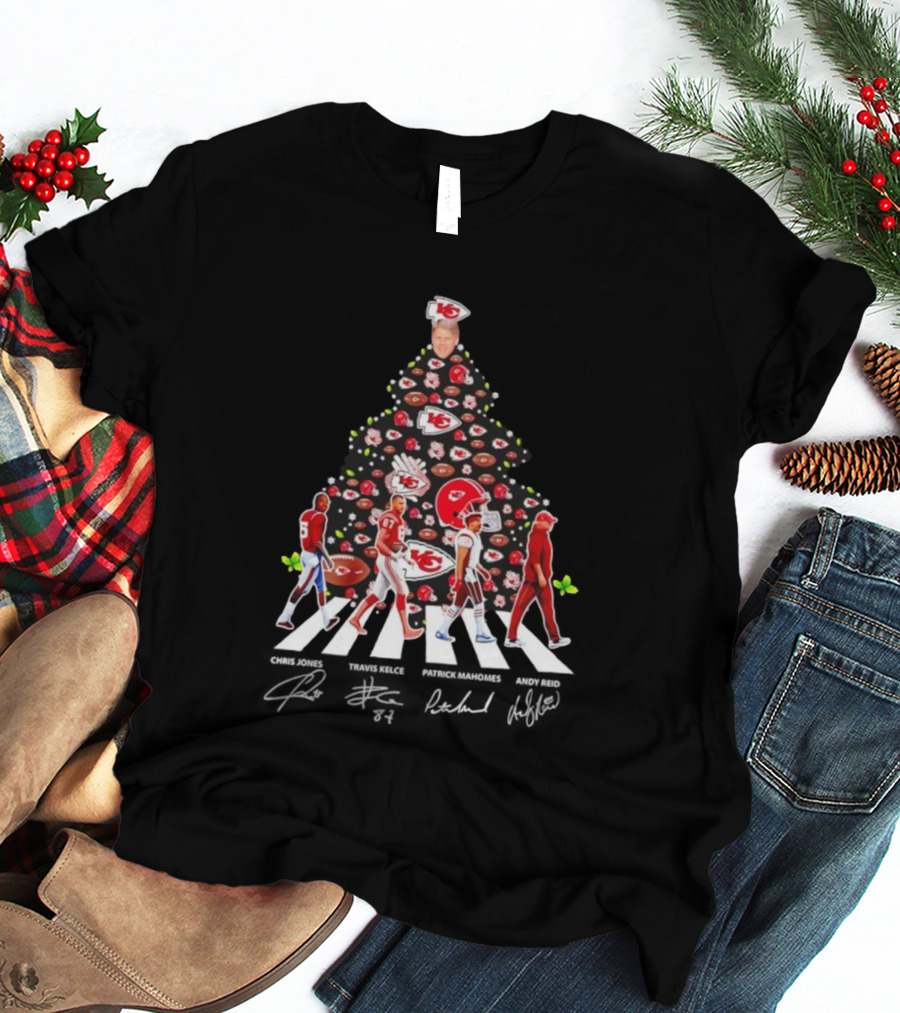 Kansas City Chiefs Abbey Road Christmas Tree With Player Signatures And Logos T-Shirt