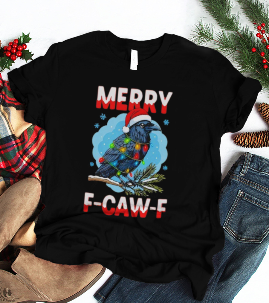 Merry Christmas F-Caw-F Santa Hat Crow With Lights T-Shirt