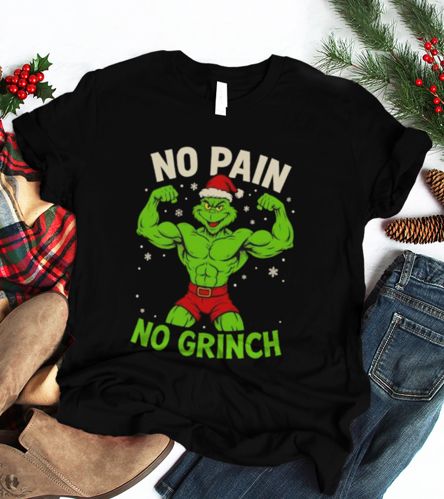 No Pain No Grinch Christmas Gym Santa Hat Muscle Fitness T-Shirt