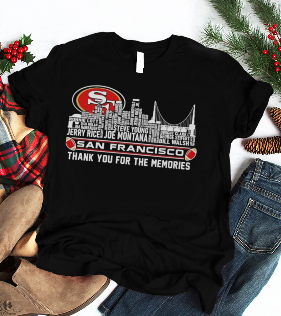 San Francisco 49ers Skyline Jerry Rice Joe Montana Legends Thank You For The Memories T-Shirt