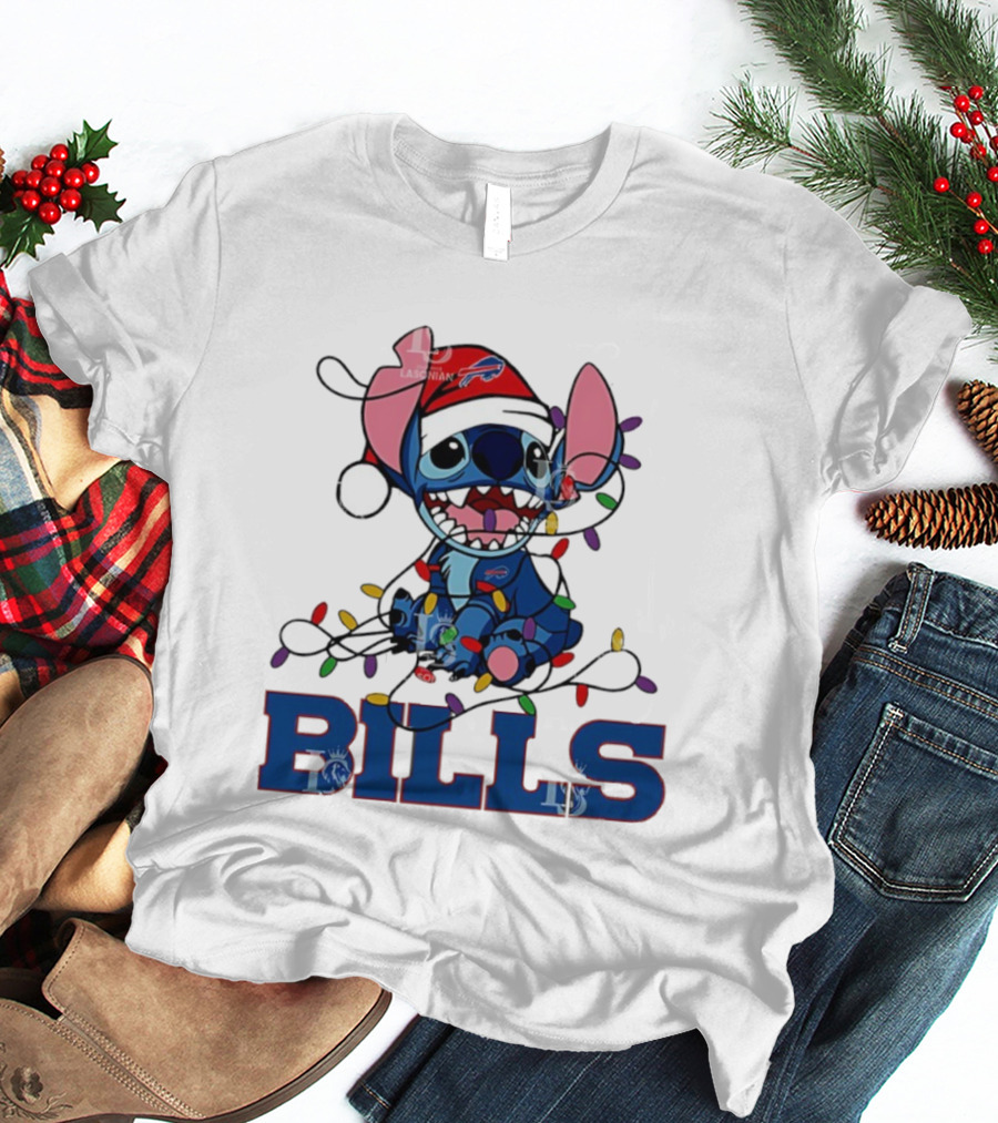 Buffalo Bills Christmas Lights With Stitch In Santa Hat T-Shirt