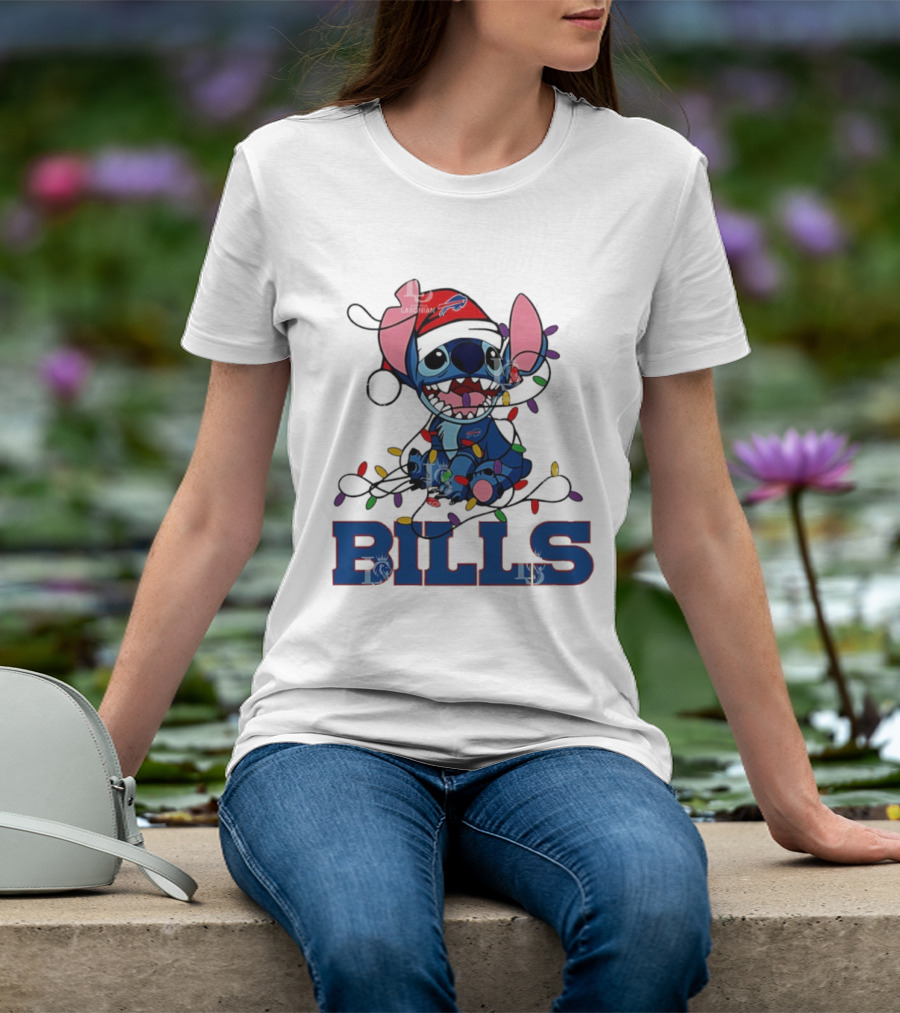 Buffalo Bills Christmas Lights With Stitch In Santa Hat T-Shirt