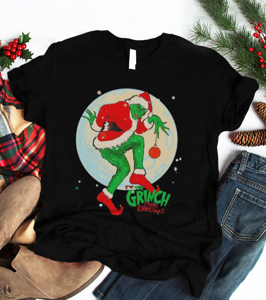 How The Grinch Stole Christmas Moon Scene With Ornament And Santa Suit T-Shirt
