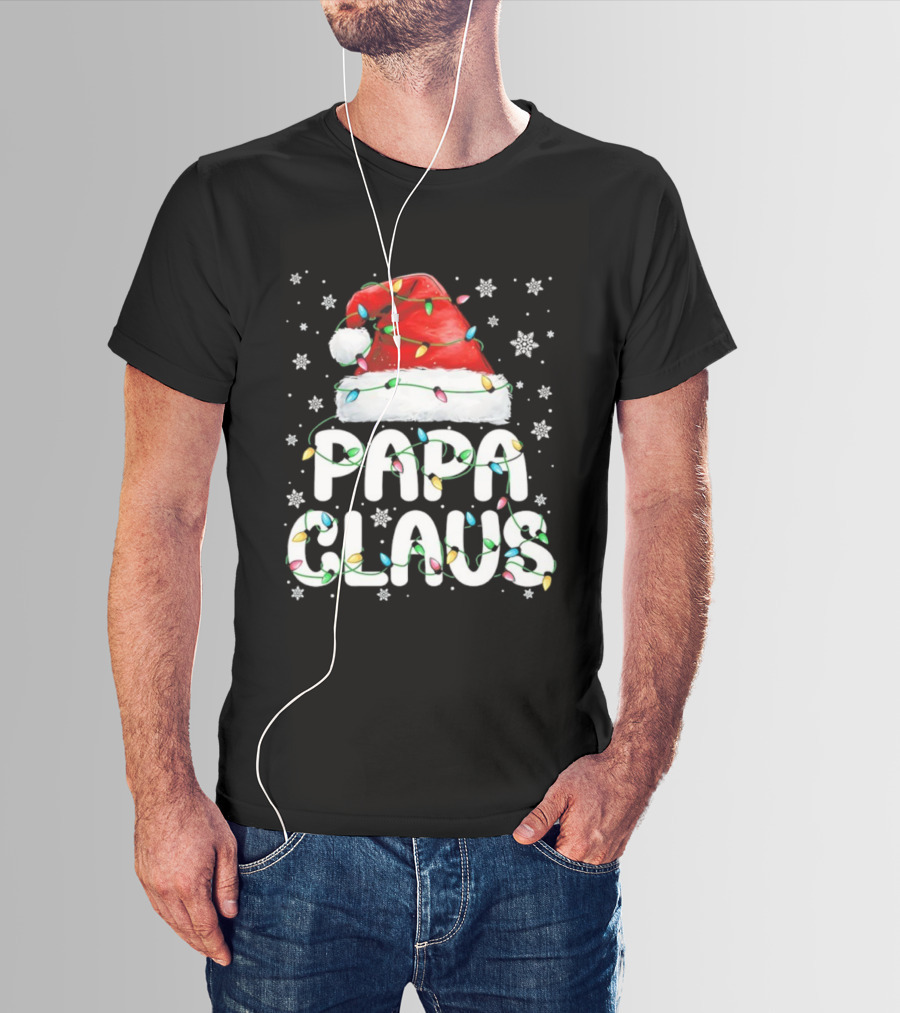 Papa Claus Santa Hat With Christmas Lights Holiday Stars T-Shirt