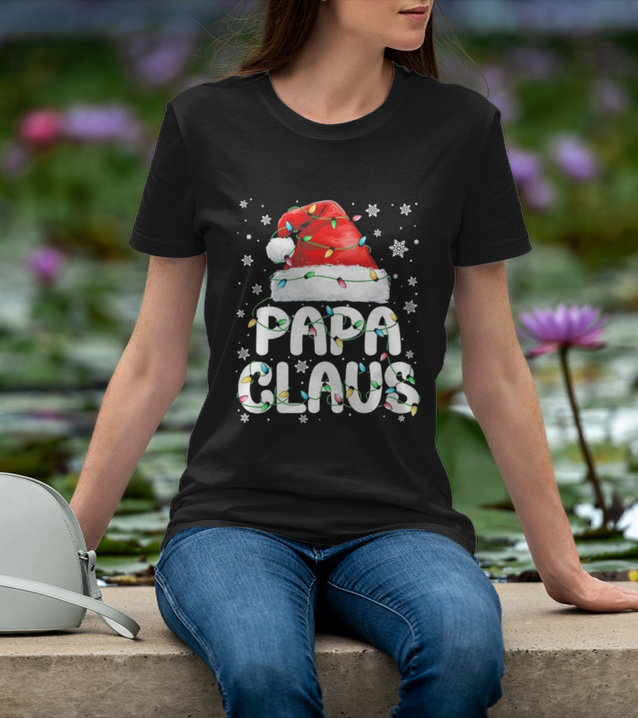 Papa Claus Santa Hat With Christmas Lights Holiday Stars T-Shirt