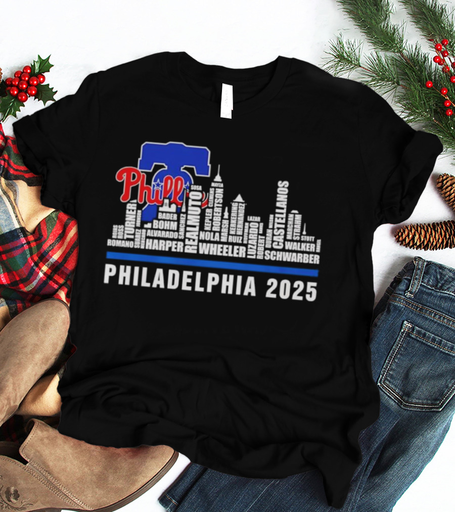 Philadelphia Phillies Skyline Bell Wheeler Nola Harper Realmuto Turner 2025 T-Shirt