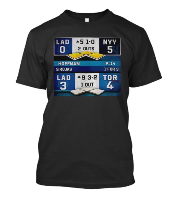 NY Yankees Defeat LA Dodgers 5-0 Toronto Blue Jays 4-3 Back To Back Championship 2025 Scoreboard Hoffman Rojas T-Shirt